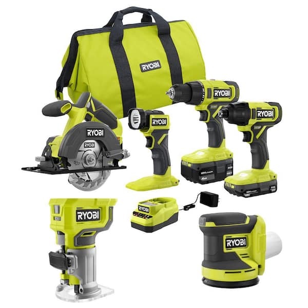 RYOBI ONE+ 18V Cordless 4-Tool Combo Kit with 1.5 Ah Battery, 4.0 Ah Battery, Charger, and Router and Sander Kit