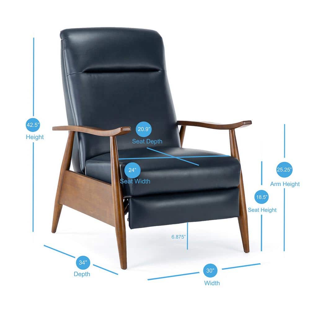 Midnight Blue Faux Leather Wood-Armed Recliner Chair