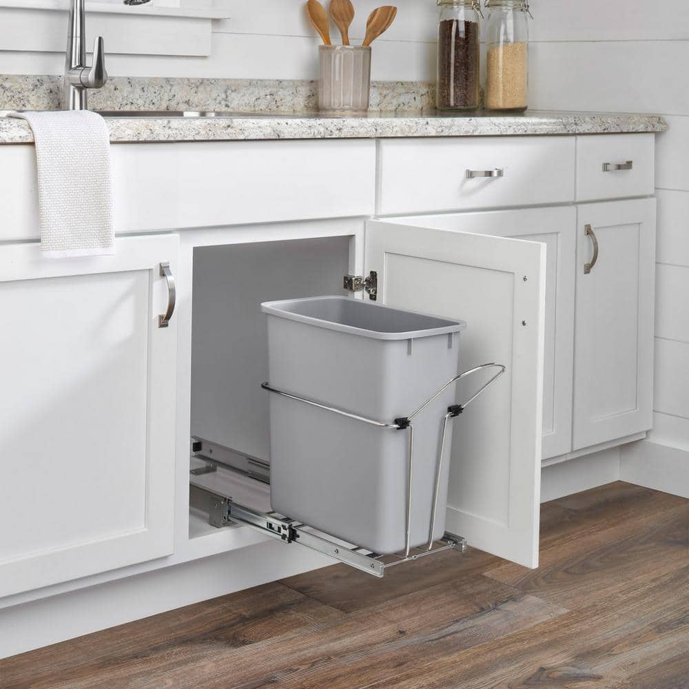 Gray 20 Quart Pull-Out Plastic Kitchen Waste Container with Rear Basket