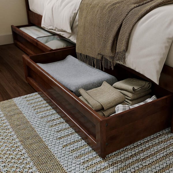 Capri Walnut Brown Solid Wood Frame Queen Platform Bed with Panel Footboard and Storage Drawers