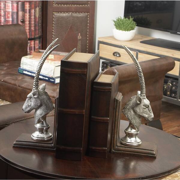 Litton Lane Polished Silver Polystone Antelope Head L-Shaped Bookends