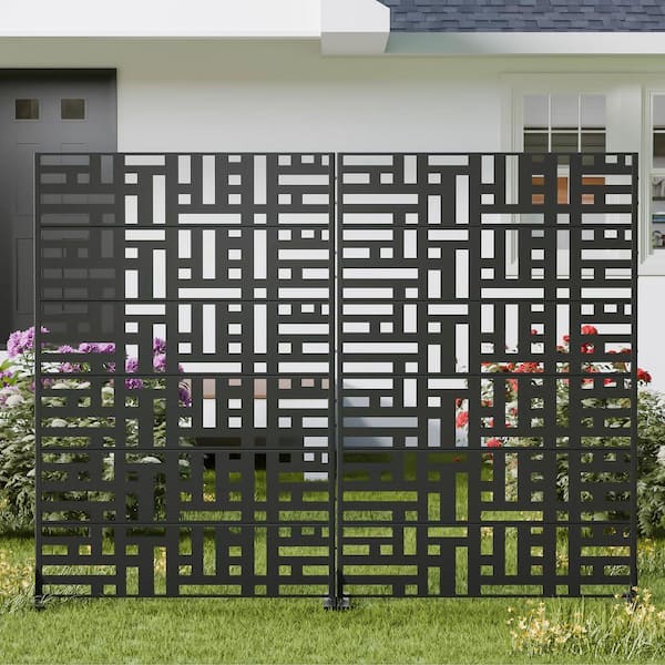 6 ft. x 4 ft. Set of 2. Privacy Fence Screen Black Galvanized Metal for Garden Fence in Mosaic Pattern