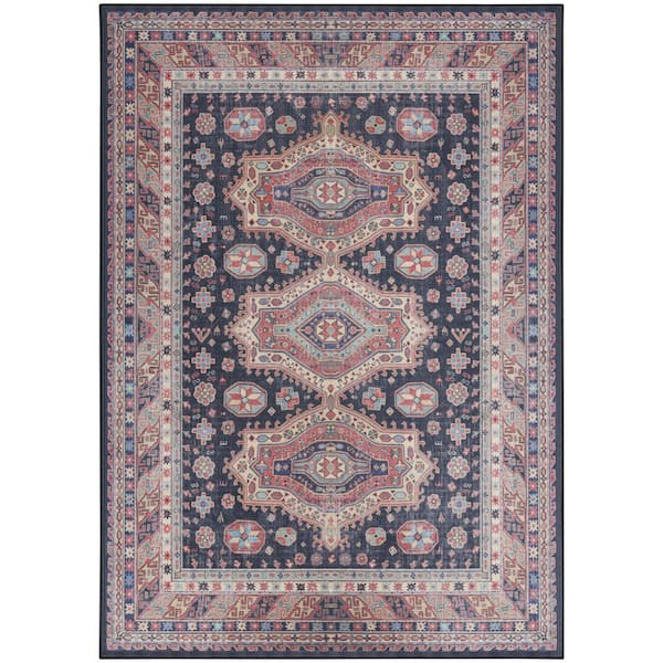 5 ft. x 7 ft. Navy Blue and Red Medallion Distressed Non Skid Area Rug