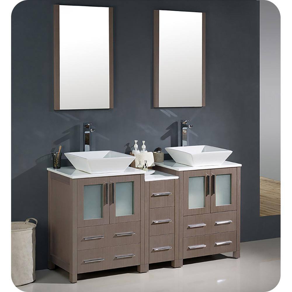 Gray Oak 60" Double Vessel Sink Freestanding Vanity with Ceramic Top