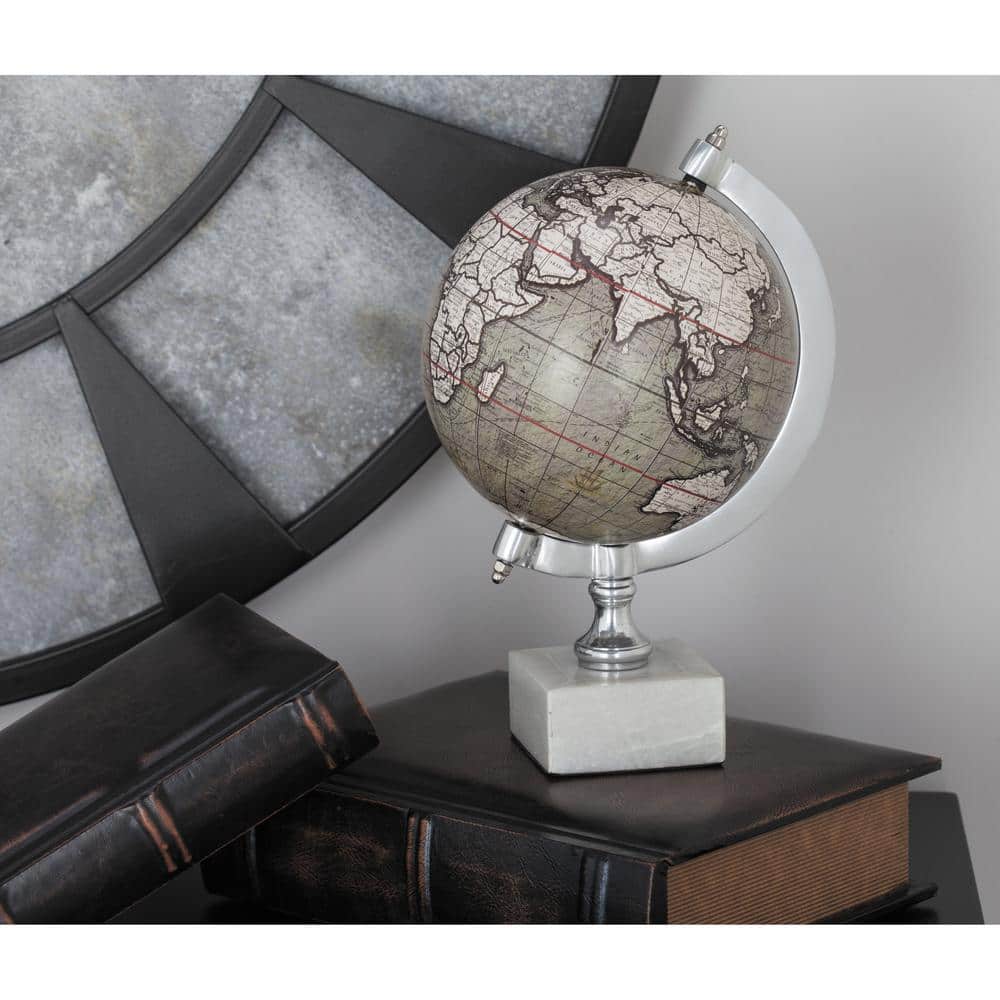Contemporary White Marble Globe with Silver Accents