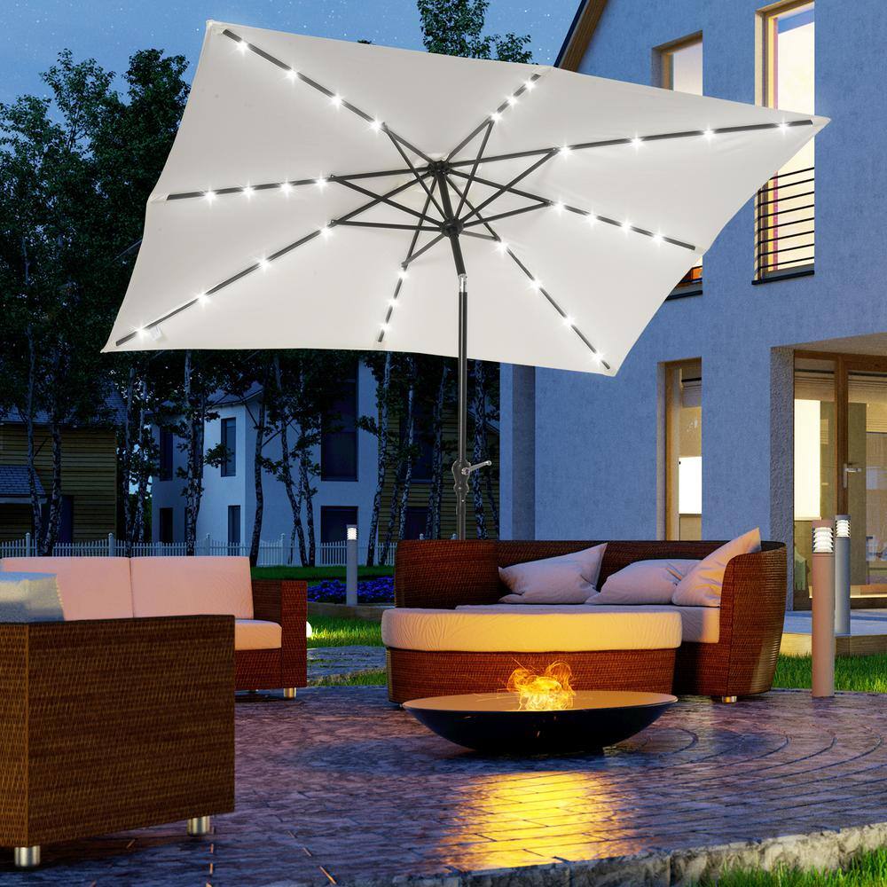 White Octagon LED Lighted Market Umbrella with Black Steel Pole