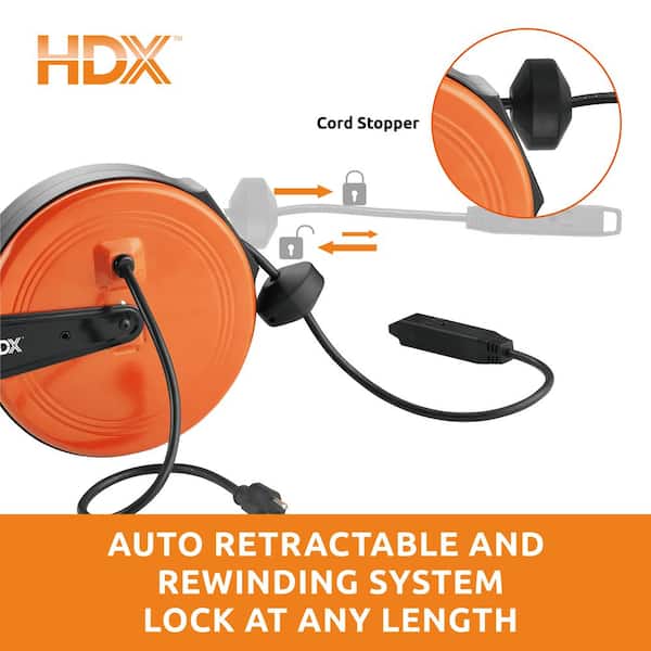 HDX 30 ft. 16/3 Retractable Cord Reel with 3 Grounded Outlets in Orange  EM-REL-300N-HDX - The Home Depot