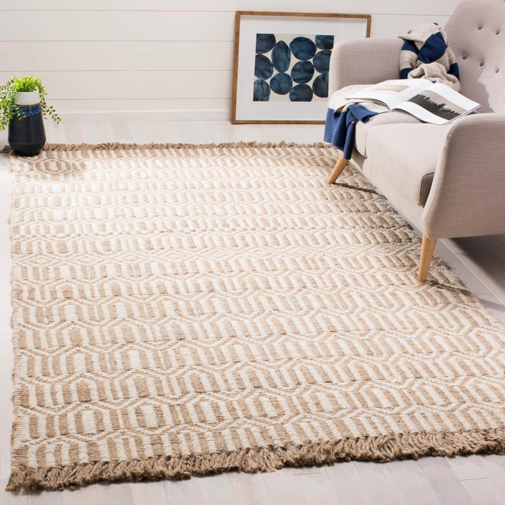 Ivory Geometric Hand-Knotted Jute 7' x 7' Square Rug