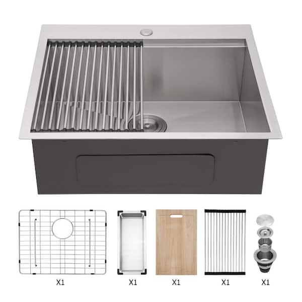 Unbranded LORDER Stainless Steel 25 in. Brushed Nickel Single Bowl Drop-In Kitchen Sink with Bottom Grid and Kitchen Sink Drain