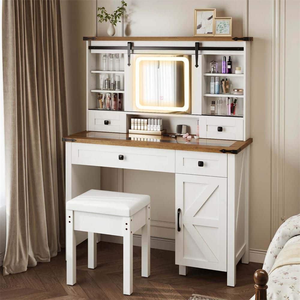 Costway Farmhouse Vanity Desk with Sliding Mirror Makeup Vanity Table - See Details - White + Rustic Brown
