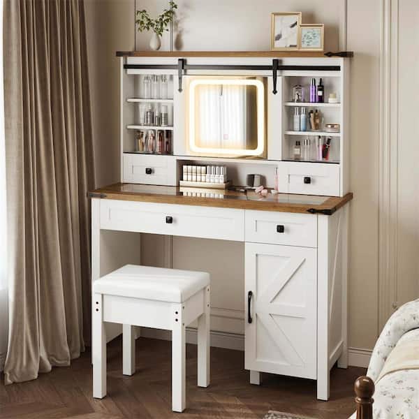 White, Rustic Brown Farmhouse Vanity Desk with Sliding Mirror Makeup Vanity Table with 3-Lighting Modes