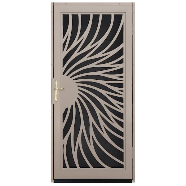Unique Home Designs 36 in. x 80 in. Solstice Tan Surface Mount Steel Security Door with Black Perforated Screen and Brass Hardware