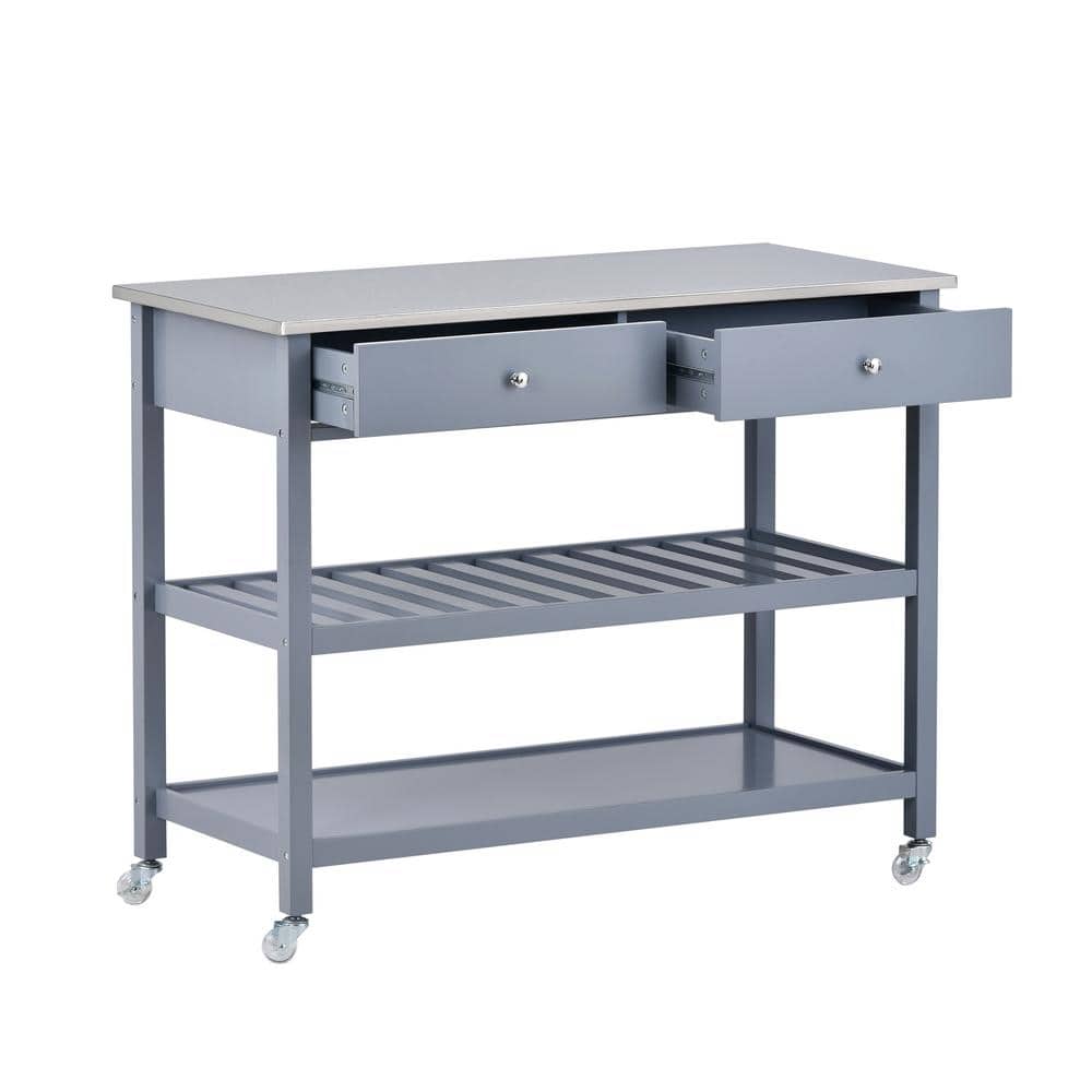 Grey Blue Patio Rolling Serving Cart with Stainless Steel Top and Locking W
