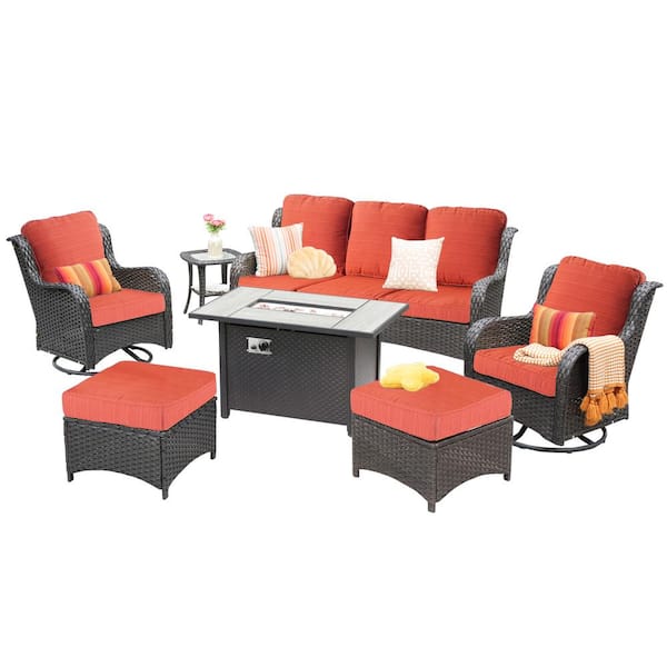 Amber 7-Piece Wicker Patio Rectangular Fire Pit Sets and Swivel Rocking Chairs with Orange Red Cushion