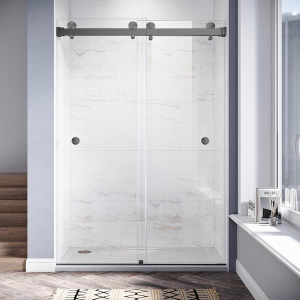 UNIKOO UKD01 46 to 49 in. W x 76 in. H Double Sliding Frameless Shower Door in Space Gray, Enduro Shield 3/8 in. Clear Glass