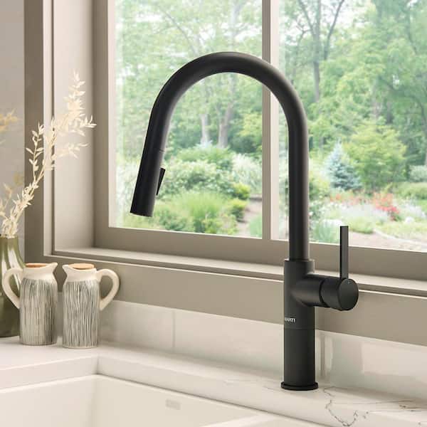 Isola Matte Black 17.75 in. H Single Handle Modern Knurled Pull Down Sprayer Kitchen Faucet with 360° Spout Swivel