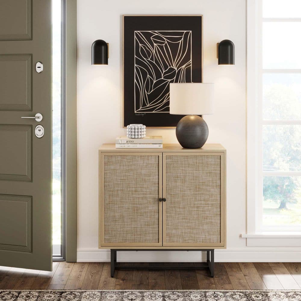 Light Oak and Matte Black Freestanding Cabinet with Adjustable Shelving
