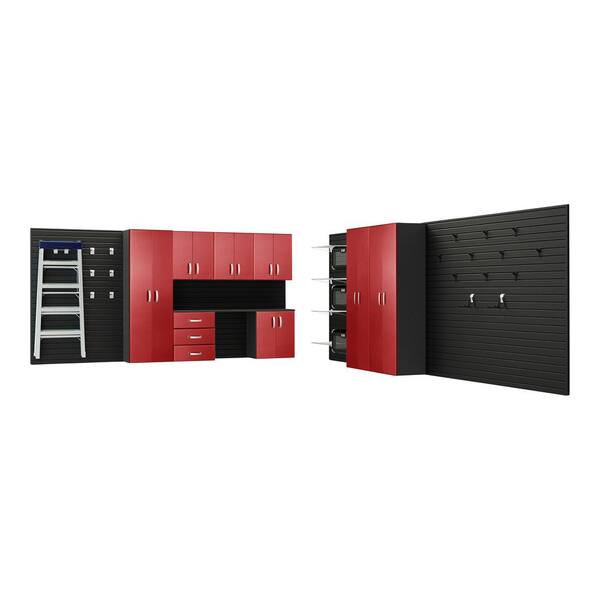 Flow Wall Modular Wall Mounted Garage Cabinet Storage Set with Workstation and Accessories in Black/Red Carbon Fiber (9-Piece)