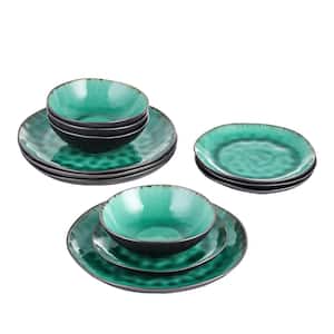 Series Coco 12-Piece Green Dinnerware Set with Dinner Plate Dessert Plate Bowl 550 ml (Service for 4)