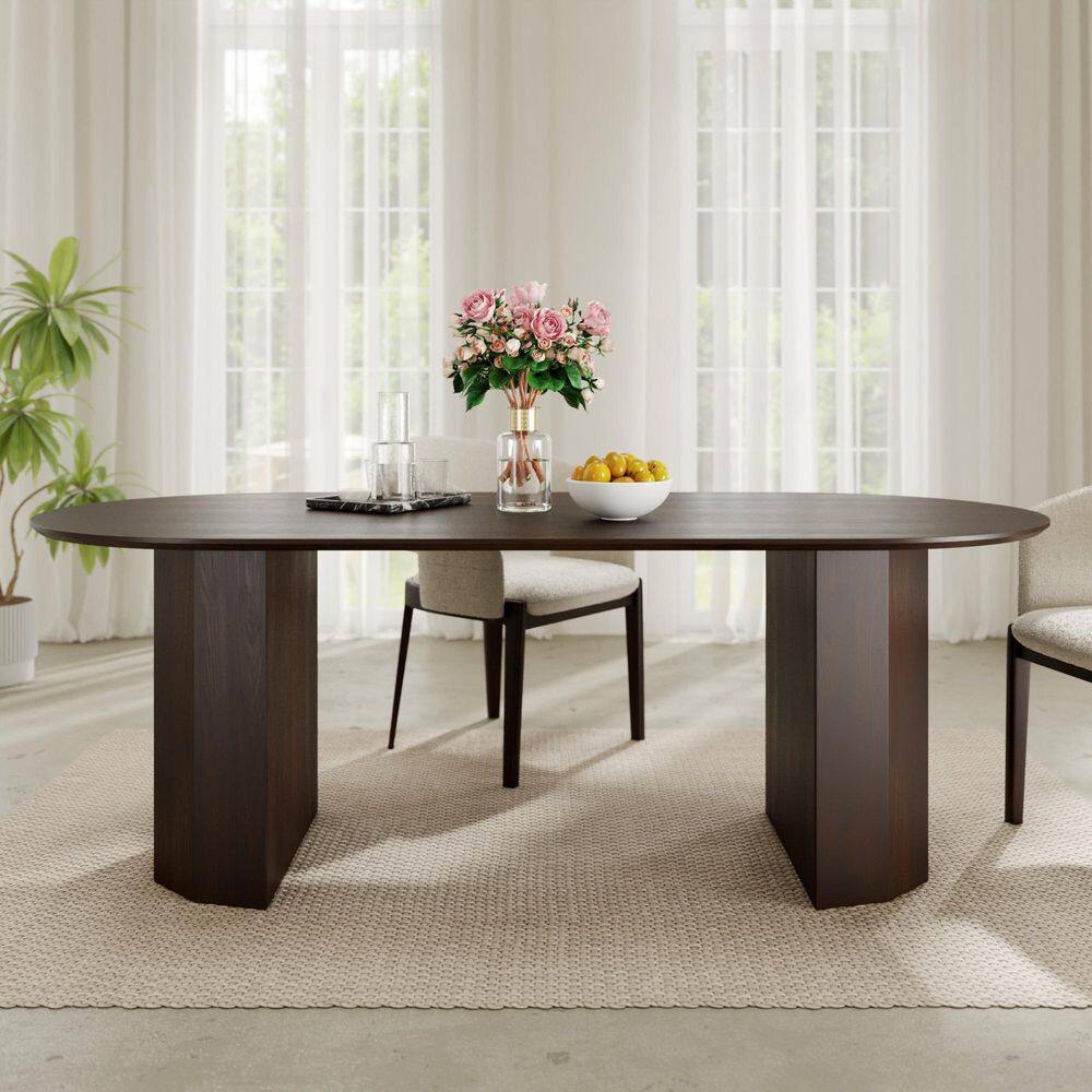 Farmhouse Walnut Oval Top Wood 79 in. Double Pedestal Base Dining Table Seats 6 for Dining Room and Kitchen
