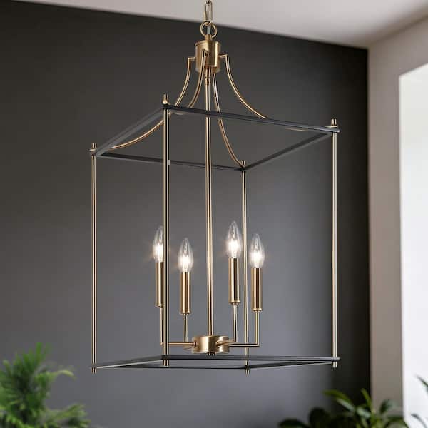 14 in. 4-Light Black and Brass Classic Candle Cage Chandelier, Modern Transitional Kitchen Island Dining Room Chandelier