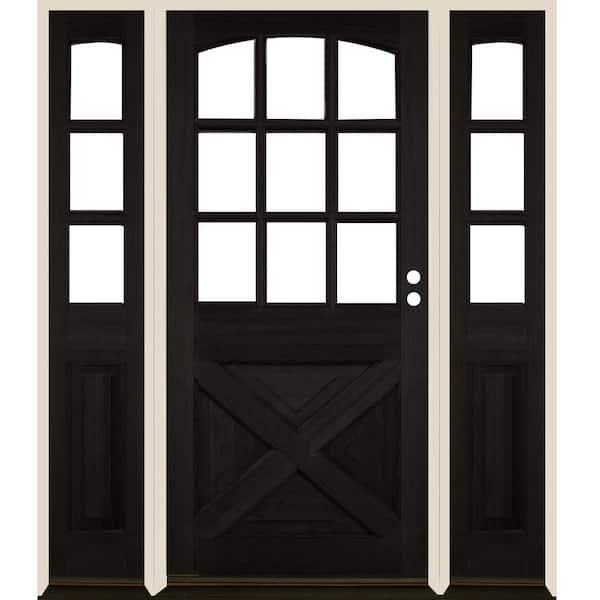 Krosswood Doors 64 in. x 80 in. Farmhouse X Panel LH 1/2 Lite Clear Glass Black Stain Hemlock Prehung Front Door with DSL