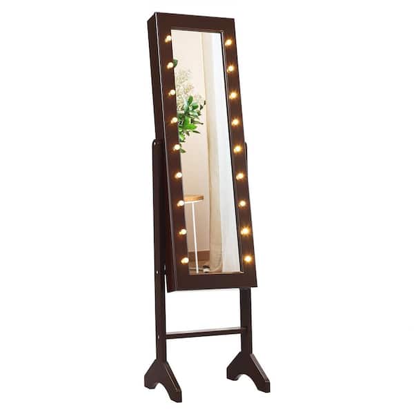 HONEY JOY 14 in. x 12.5 in. x 57 in. Coffee LED Lighting Mirrored MDF Jewelry Cabinet Armoire Free Standing Dressing Organizer