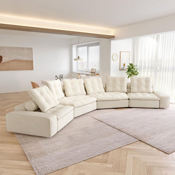Cabriole Miami 218 in. Square Arm Oversized 6-Seat Velvet Modular Cloud Sectional Sofa with Adjustable Backrest in Beige