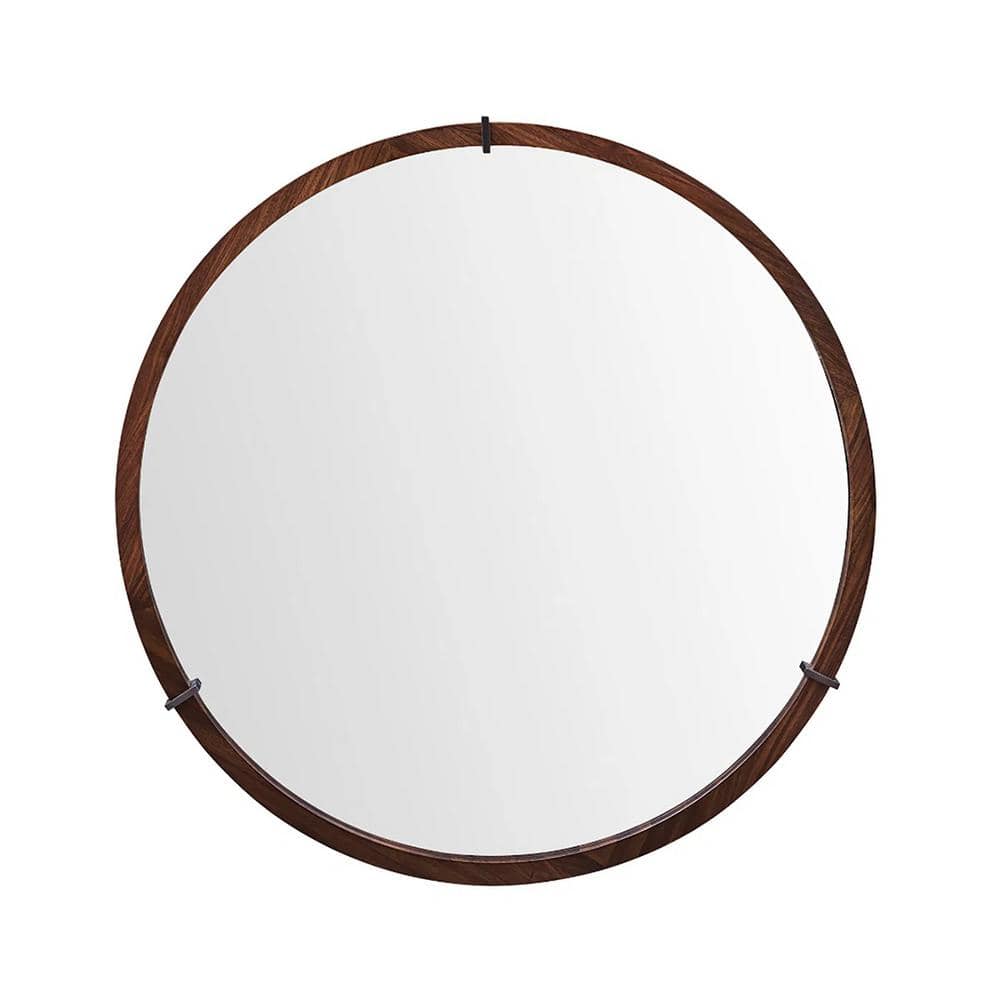 Hausen 31.5-inch Mid-Temperature Modern Round Decorative Wall Mirror, Brown Walnut Frame price history on PriceWatchPro