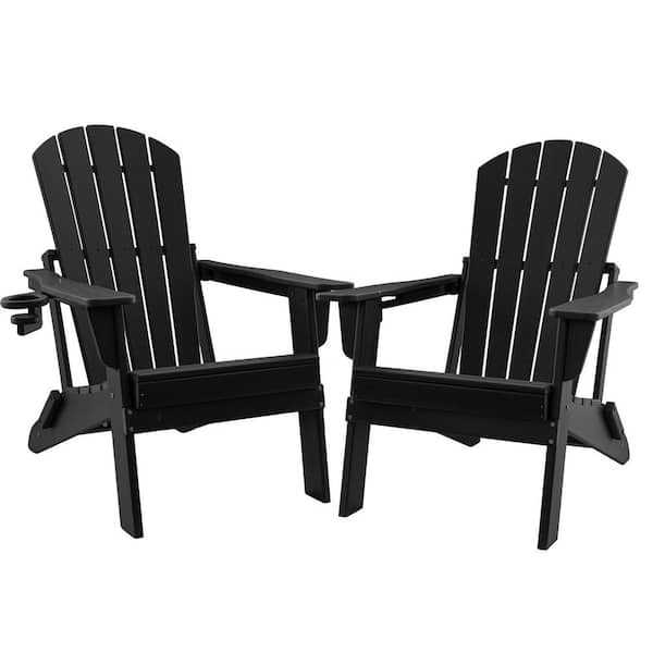 UPLAND HDPE Folding Adirondack Chair with Cup Holder, Weather-Resistant, Low Maintenance, Supports up to 400lbs, Black, 2 Pack