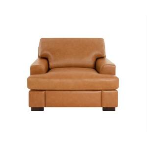 Genuine Leather Accent Chair Luxurious Comfort, Goose Feather Cushion Filling, Square Arm Design- Tan