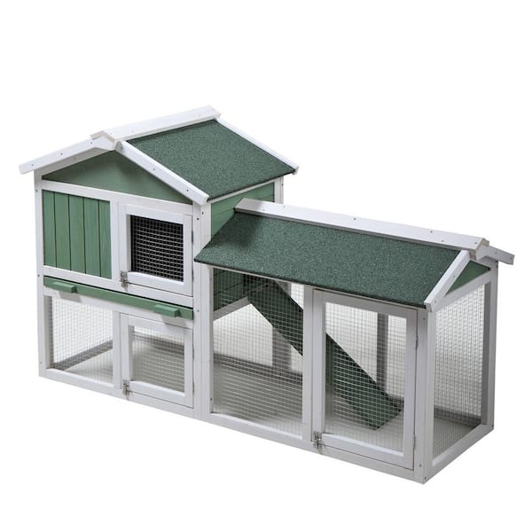 maocao hoom Wooden Rabbit Hutch Indoor and Outdoor Bunny Cage with a Removable Tray and a Waterproof Roof in Green