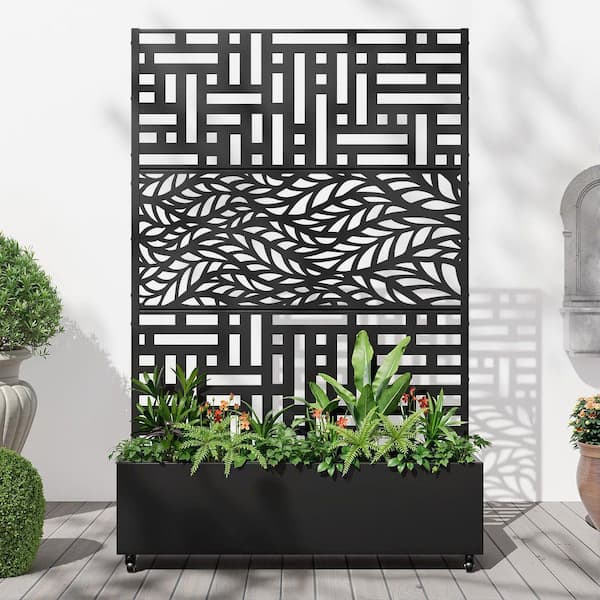16 in. L x 47 in. W x 11.9 in. H 155 qts. Black Metal Planter Box Raised Beds with 73 in. H Trellis and Wheels Pattern G