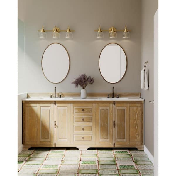 Archie Collection 3-Light Vintage Brass Clear Double Prismatic Glass Coastal Bath Vanity Light