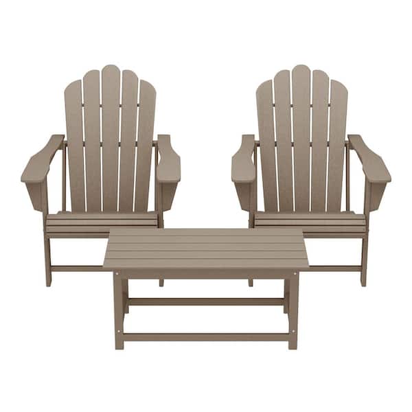 Aderson Weathered Wood 3-Piece All Weather Outdoor Patio Plastic Adirondack Chairs Conversation Set with Coffee Table