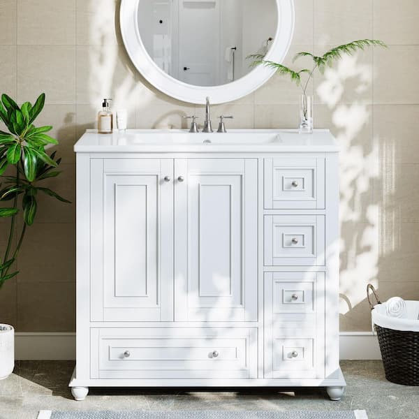 36 in. Single Sink Freestanding White Bath Vanity with White Ceramic Top Unassembled