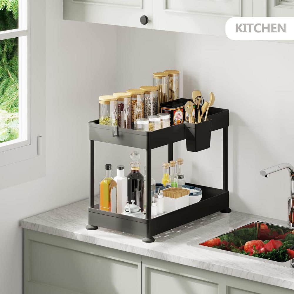 StorageBud Non-Slip Grip Kitchen Under Sink Organizer - Bathroom Cabinet Organizer with Side Caddy