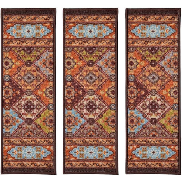 RugStylesOnline Indoor Bakhtiari Design Taupe 8-1/2 in. x 26 in. Slip Resistant Backing Stair Tread Cover (Set of 3)