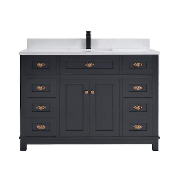 French Contemporary 48 in. 1 Freestanding Tricorn Black Bath Vanity w/ White Artificial Stone Top Assembled Bath Vanity