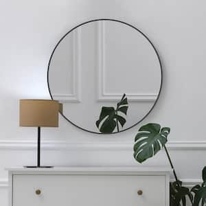 24 in. W x 24 in. H Big Round Brushed Aluminum Framed Wall Bathroom Vanity Mirror in Black