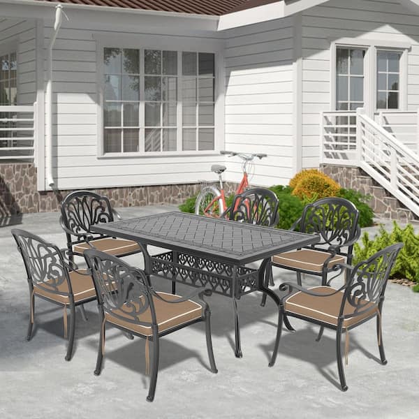 Willit Elizabeth 7-Piece Cast Aluminum Outdoor Dining Set with 59.05 in. x 35.43 in. Rectangular Table and Brown Cushion