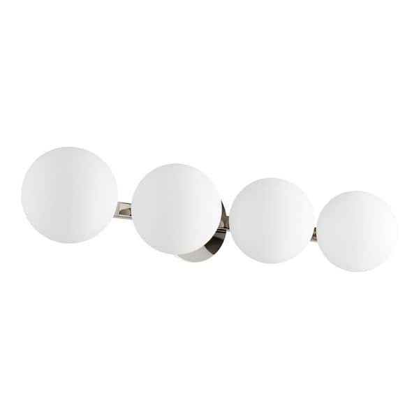 Quorum INTERNATIONAL Modern and Contemporary Globe 29.75 in. W  4-Lights Polished Nickel Vanity Lights with Satin Opal Glass