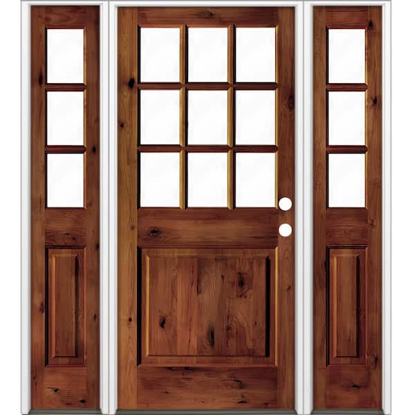 Krosswood Doors 64 in. x 80 in. Rustic Knotty Alder Clear 9-Lite Red Chestnut Stain Wood Left Hand Single Prehung Front Door/Sidelites
