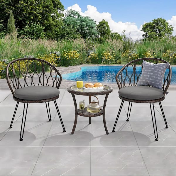 Tenleaf Brown 3-Piece Wicker Outdoor Bistro Set Outdoor Leisure Set Seating and Tables Set with Gray Cushion