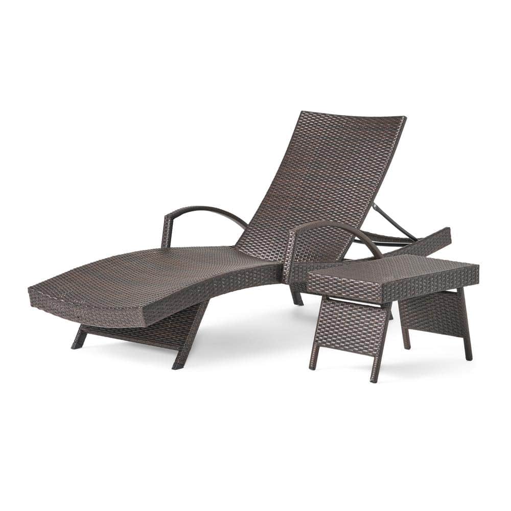 Noble House Miller Multi-Brown Armed 2-Piece Faux Rattan Outdoor Chaise Lounge and Table Set -  9253