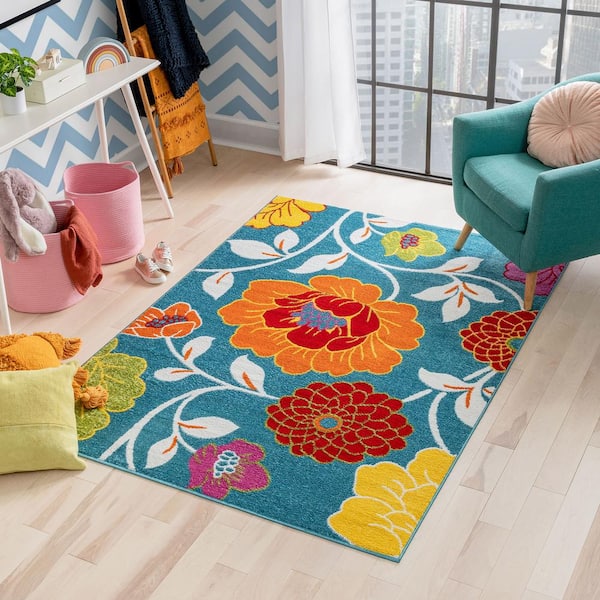 StarBright Daisy Flowers Blue 3 ft. x 5 ft. Kids Area Rug