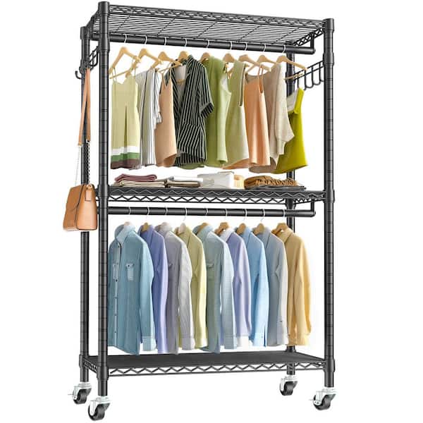 Unbrand Garment Rack 3 Tiers Heavy Duty Clothes Rack Rolling Free-Standing Clothing Closet Rack Organizer Storage Shelves with 2 Rods/Lockable Wheels/