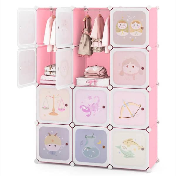 Costway Pink Plastic 43 in. 2-Cube Kids Wardrobe Baby Dresser Bedroom Armoire Clothes Hanging Closet with Doors