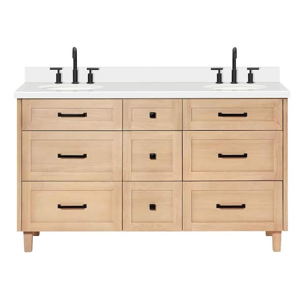 Monroe 61 in. W x 22 in. D x 36 in. H Double Bath Vanity in Oak with Pure White Quartz Top