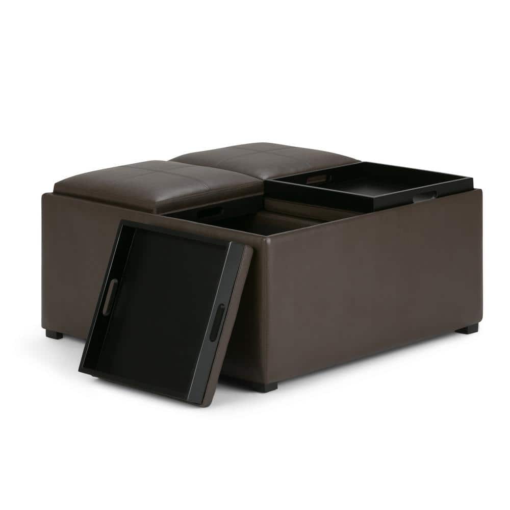 Chocolate Brown Tufted Faux Leather Storage Ottoman with Trays